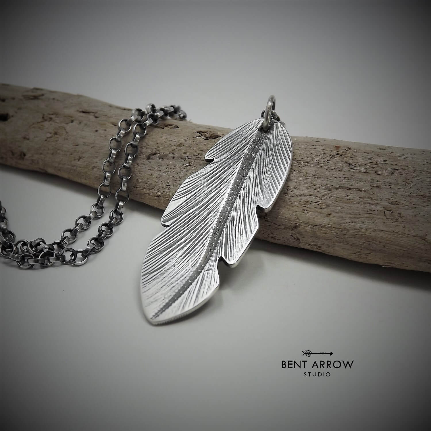 Large Silver Crow Feather Pendant by Bent Arrow Studio