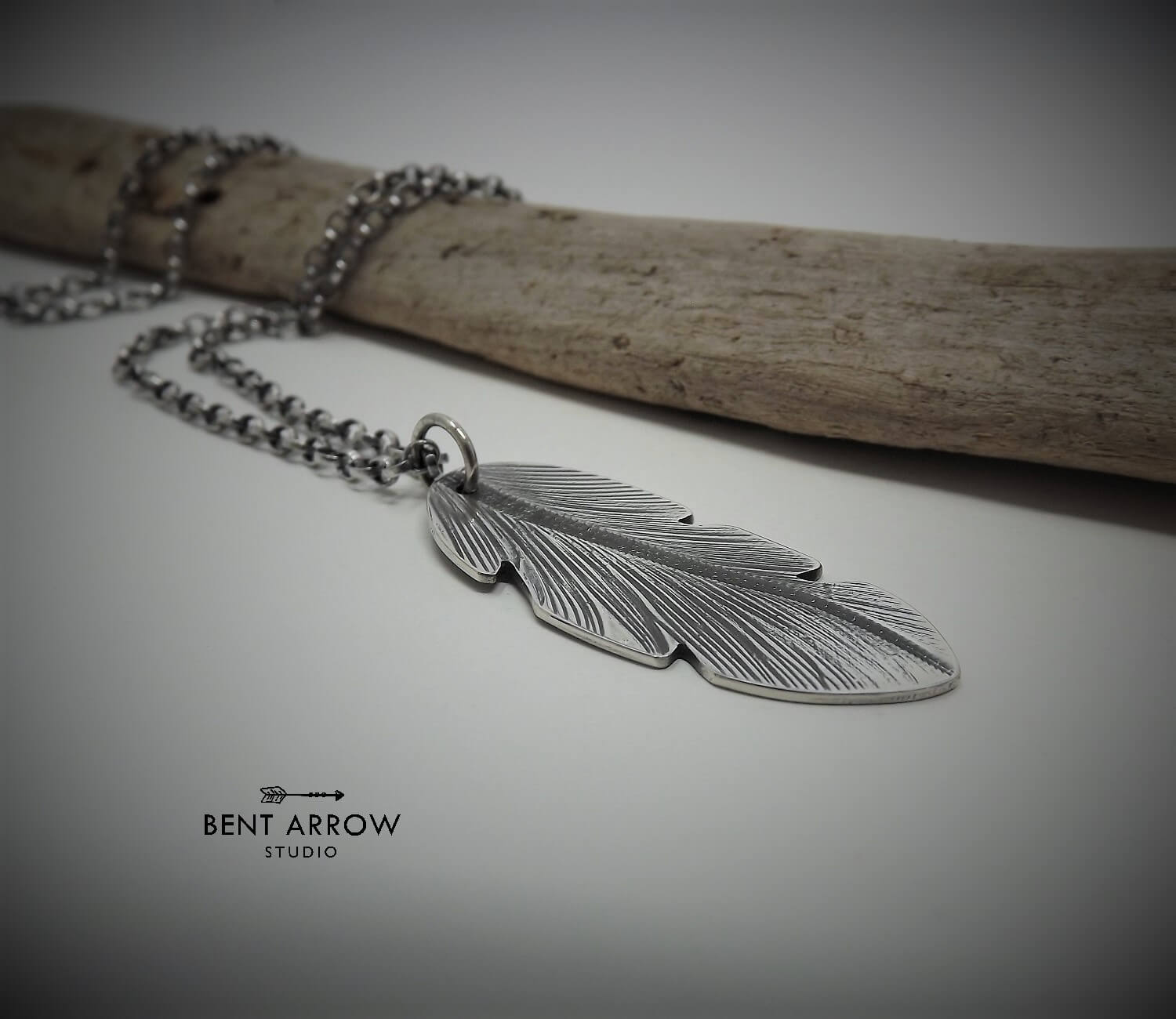 Large Silver Crow Feather Pendant by Bent Arrow Studio