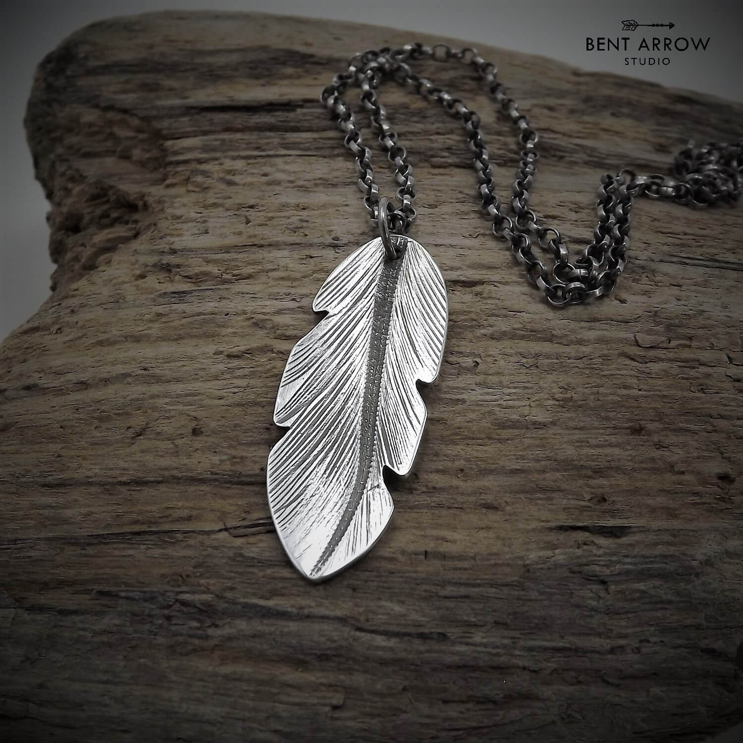 Large Silver Crow Feather Pendant by Bent Arrow Studio