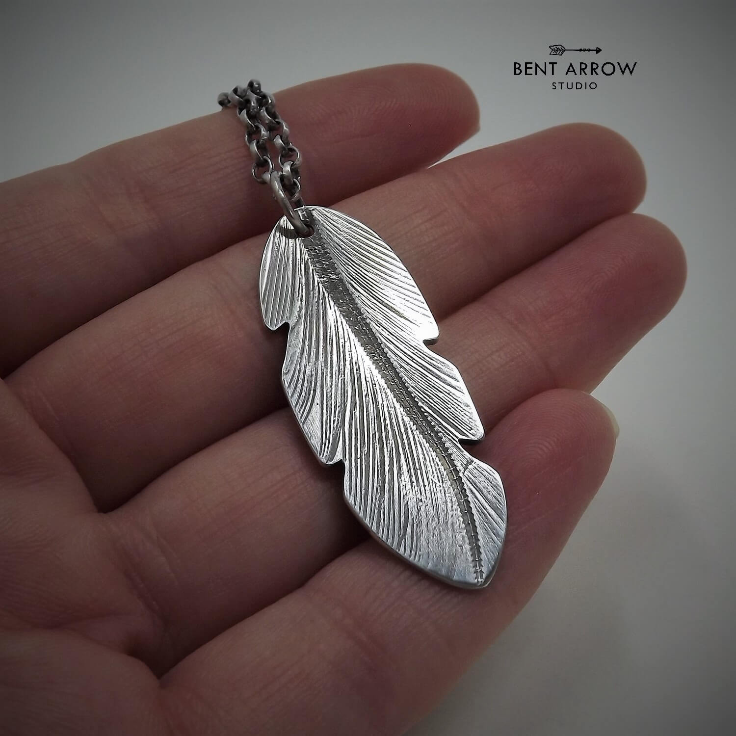 Large Silver Crow Feather Pendant by Bent Arrow Studio