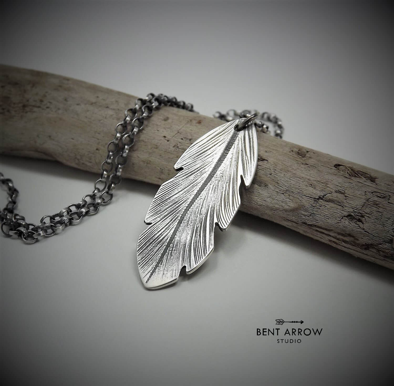 Large Silver Crow Feather Pendant by Bent Arrow Studio
