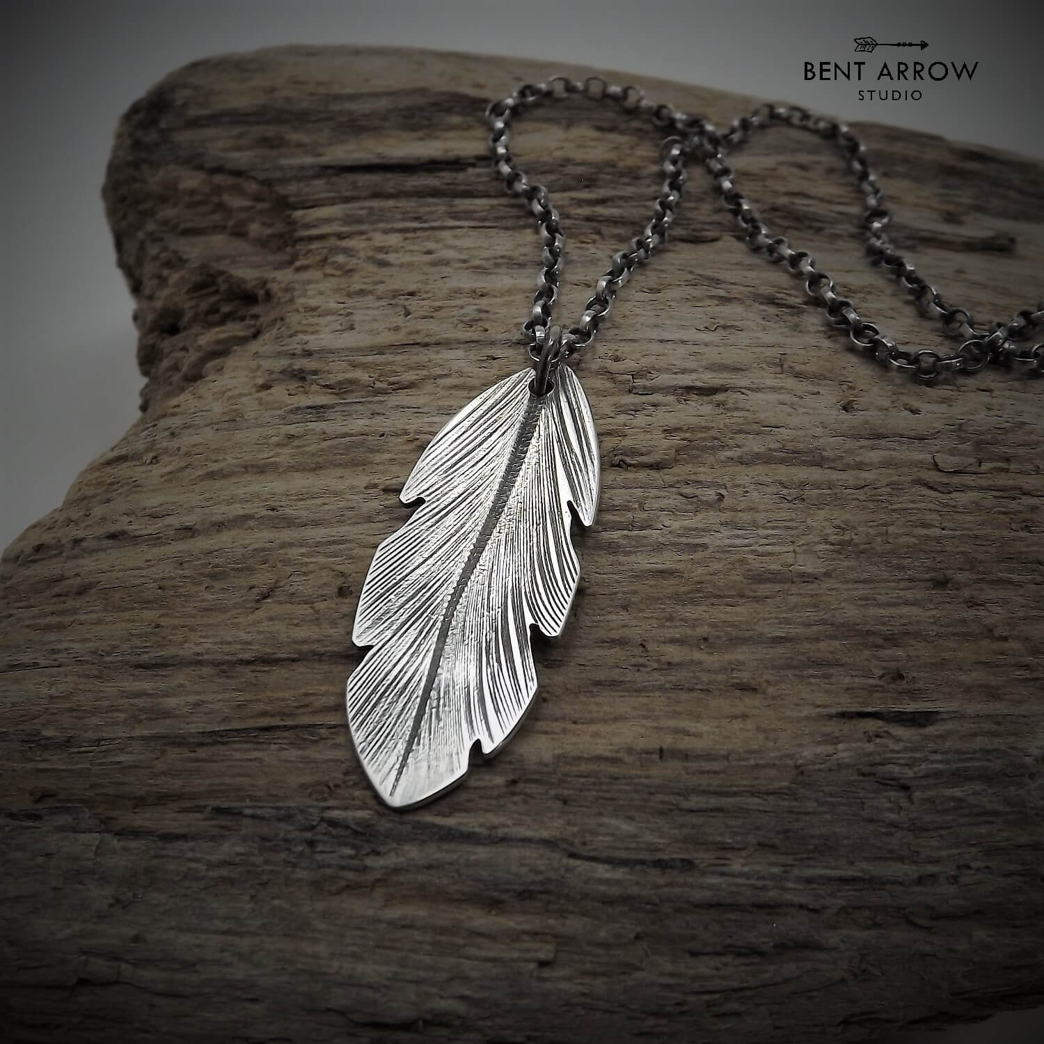 Large Silver Crow Feather Pendant by Bent Arrow Studio