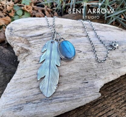 Labradorite Crow Feather Charm Necklace