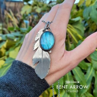 Labradorite Crow Feather Charm Necklace